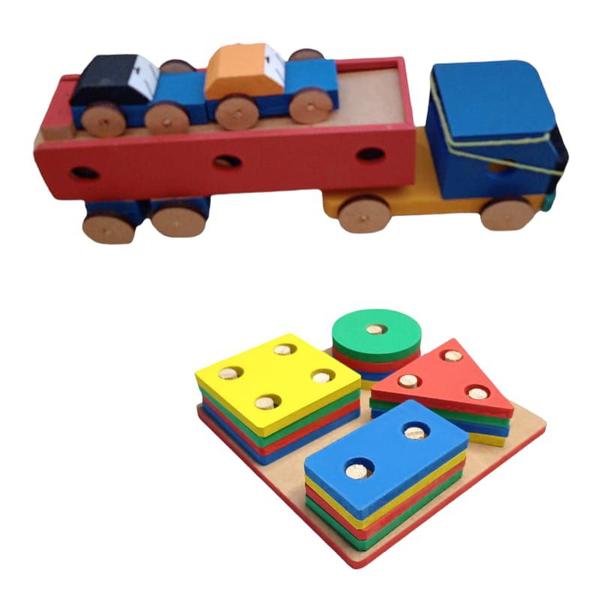 Imagem de Brinquedo Pedagógico Madeira Carreta Cegonheira + Prancha Seleção