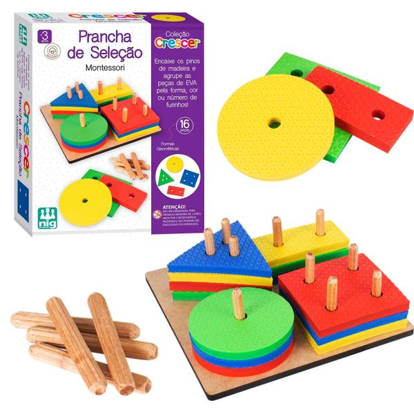 Imagem de Brinquedo Pedagógico Prancha De Seleção Montessori Nig Brinquedos 16 Peças EVA Base Em Madeira