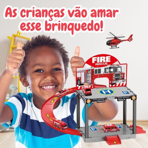 Brinquedo Pista de Carrinhos 2 Andares Tema de Bombeiros e Construção - DuteToys Imagem de Brinquedo Pista de Carrinhos 2 Andares Tema de Bombeiros e Construção