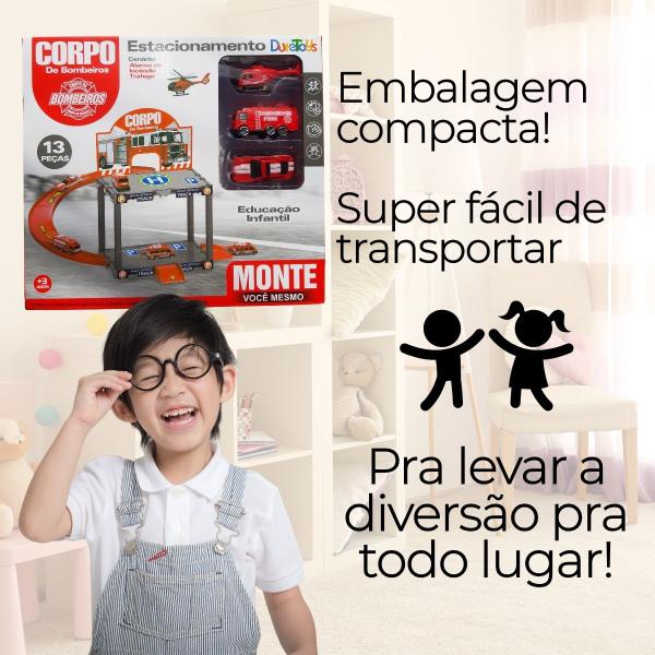 Brinquedo Pista de Carrinhos 2 Andares Tema de Bombeiros e Construção - DuteToys Imagem de Brinquedo Pista de Carrinhos 2 Andares Tema de Bombeiros e Construção