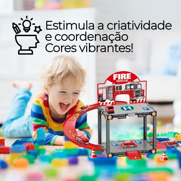 Brinquedo Pista de Carrinhos 2 Andares Tema de Bombeiros e Construção - DuteToys Imagem de Brinquedo Pista de Carrinhos 2 Andares Tema de Bombeiros e Construção