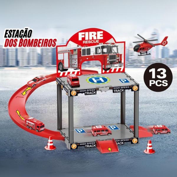 Brinquedo Pista de Carrinhos 2 Andares Tema de Bombeiros e Construção - DuteToys Imagem de Brinquedo Pista de Carrinhos 2 Andares Tema de Bombeiros e Construção