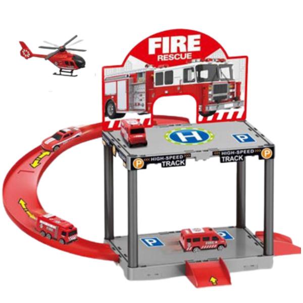 Brinquedo Pista de Carrinhos 2 Andares Tema de Bombeiros e Construção - DuteToys Imagem de Brinquedo Pista de Carrinhos 2 Andares Tema de Bombeiros e Construção