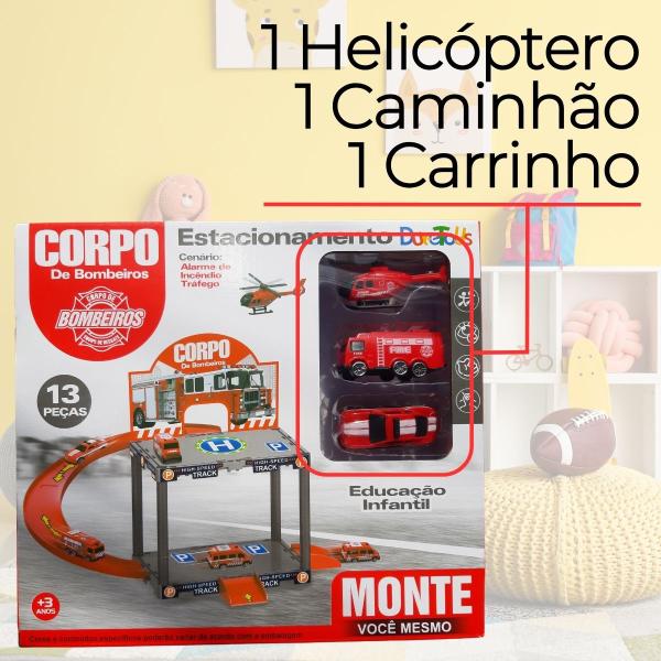 Brinquedo Pista de Carrinhos 2 Andares Tema de Bombeiros e Construção - DuteToys Imagem de Brinquedo Pista de Carrinhos 2 Andares Tema de Bombeiros e Construção