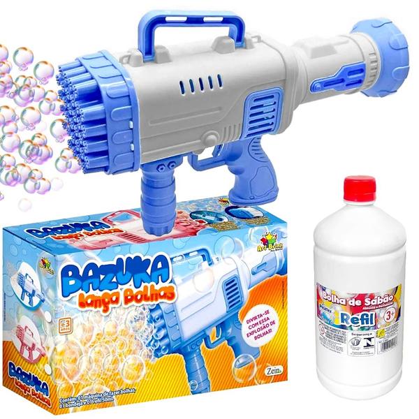 Brinquedo Solta Bola de Sabão Elétrico Bazuca Azul +Refil 1L - Art Brink Imagem de Brinquedo Solta Bola de Sabão Elétrico Bazuca Azul +Refil 1L