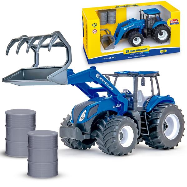 Imagem de Brinquedo Trator New Holland Agriculture T8 Garfo Miniatura Realista Para Brincar E Colecionar