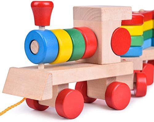 Imagem de BRINQUEDOS DIVERTIDOS 15,5 Polegadas Brinquedos infantis de trem de madeira, classificador de forma e empilhamento de brinquedos de madeira, brinquedos de quebra-cabeça para meninas de 12 3 anos, brinquedos educacionais pré-escolares