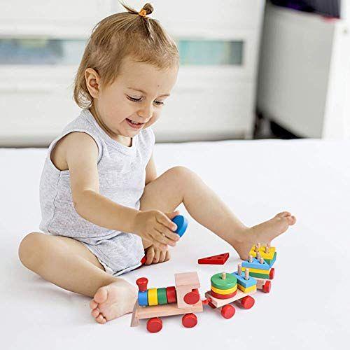 Imagem de BRINQUEDOS DIVERTIDOS 15,5 Polegadas Brinquedos infantis de trem de madeira, classificador de forma e empilhamento de brinquedos de madeira, brinquedos de quebra-cabeça para meninas de 12 3 anos, brinquedos educacionais pré-escolares