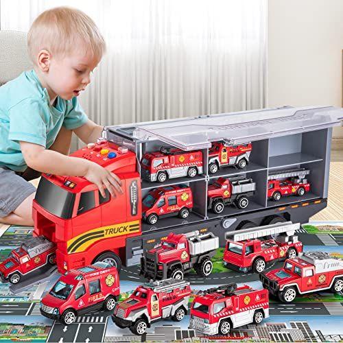 Imagem de Brinquedos para crianças para 3-9 anos de idade meninos die-cast emergência incêndio resgate veículo de transporte de lado duplo carro de transporte conjunto w / play mat, liga de metal fire truck presentes para a idade 3 4 5 6 crianças meninos menin