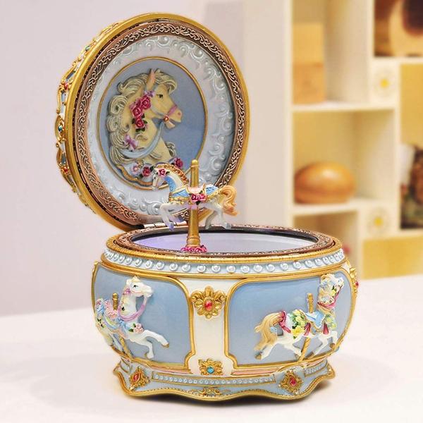 Imagem de Briskfeel Classical Carousel Horse Music Box LED Lights Twinkling Resin Carved Collectible Mechanical Musical Box with Sankyo 18-Note Horse Rotates with Music