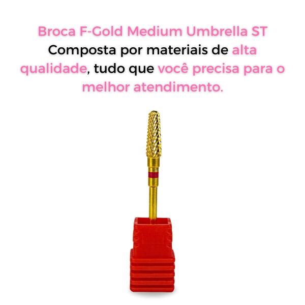 Imagem de Broca de Tungstênio Corte Fino Dourada F-Gold Umbrella Média ST Unhas Gel Fibra Acabamento Profissional Manicure