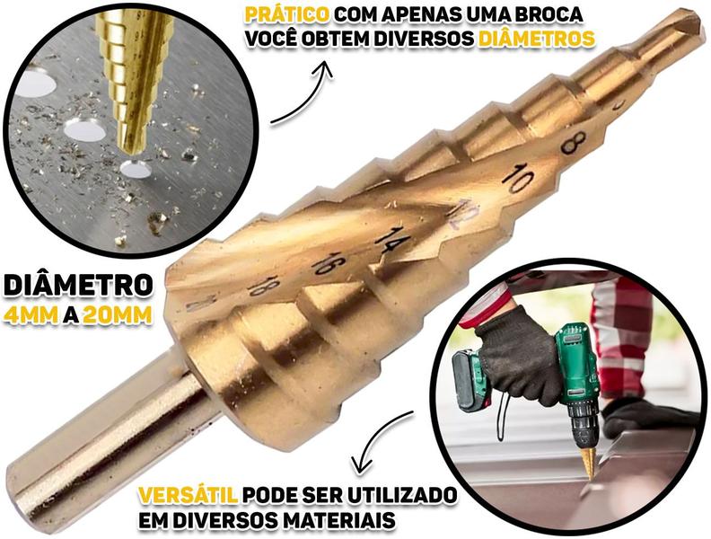 Imagem de Broca Escalonada 9 Etapas Aço Rápido Para Madeira Metal Revestida Em Titânio 4mm A 20mm Brasfort