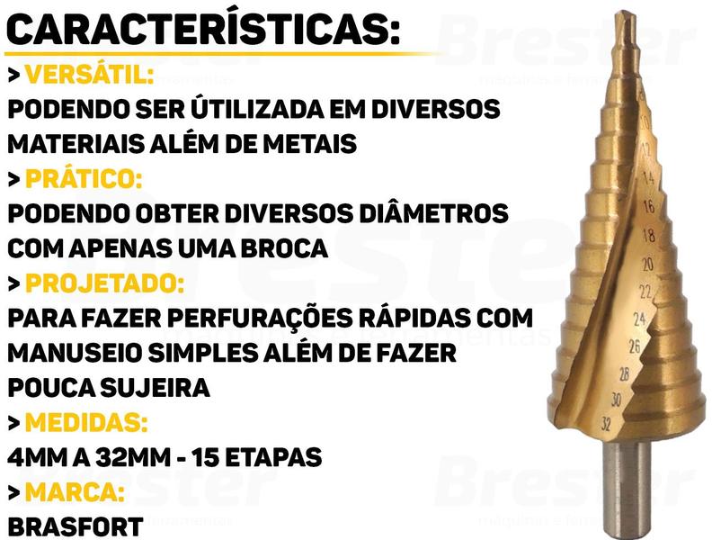 Imagem de Broca Escalonada Aço Rápido Tipo Cone 15 Etapas Profissional 4mm A 32mm Brasfort