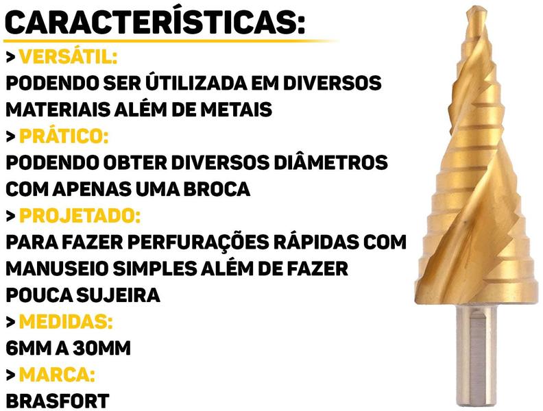 Imagem de Broca Escalonada Aço Rápido Tipo Cone Revestida Em Titânio13 Etapas Profissional 4mm A 32mm Brasfort