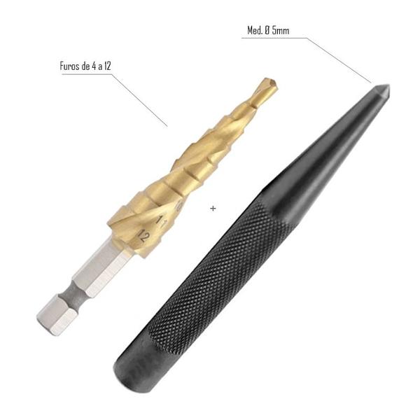 Imagem de Broca Escalonada - HSS  Med. 4 a 12mm + Punção de Centro 5mm