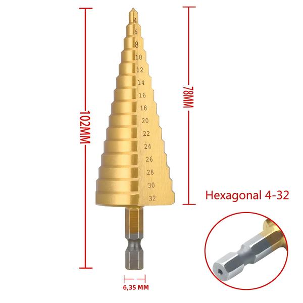 Imagem de Broca Escalonada HSS Revestida de Titânio (4-32mm e 4-20mm) - Para Madeira e Metal