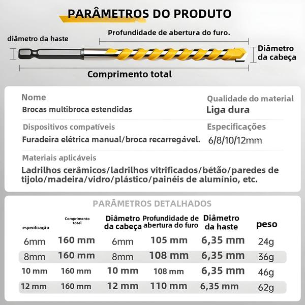 Imagem de Broca Extra Longa De Carboneto De Tungstênio De 160 Mm, Haste Sextavada 1/4 Para Vidro, Tijolo,