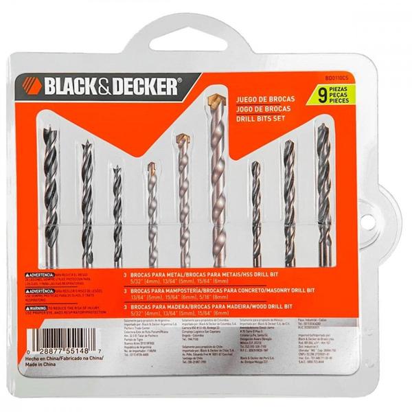 Imagem de Broca Kit Black+Decker Com 9 Pecas (Concreto 5/6/8Mm)-(Aco Rapido 4/5/6Mm)-(Madeira 4/5/6Mm)