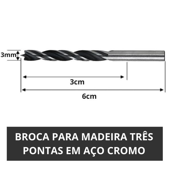 Imagem de Broca Para Madeira 3mm 3 Pontas Profissional Aço Cromo 8 Pç