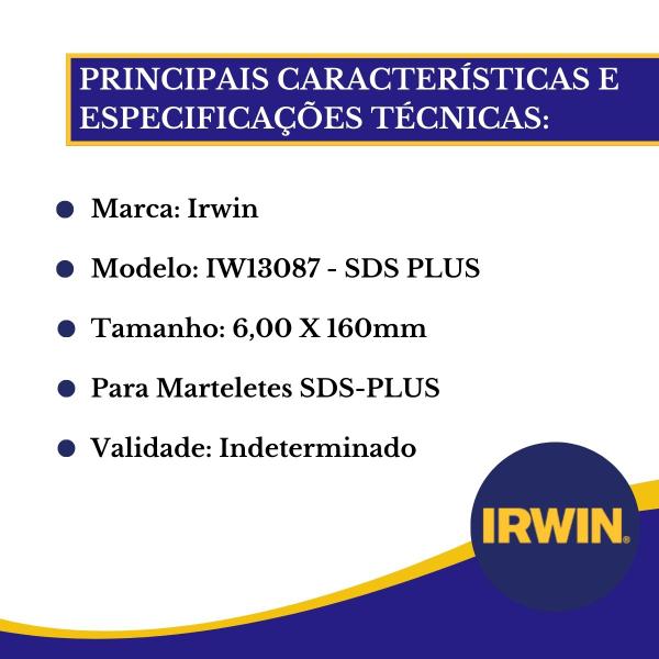 Imagem de Broca Sds Plus Vídea Universal Irwin 6,00mm x 160mm Para Martelete Concreto Parede Chão IW13087