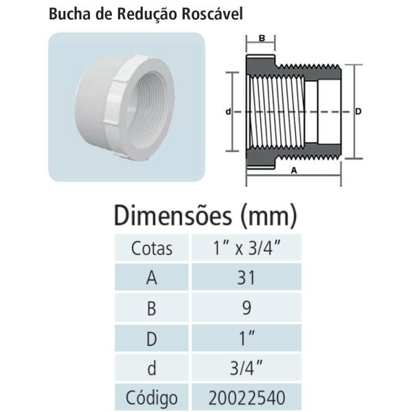 Imagem de Bucha de Redução Roscável 1 x 3/4 Branco Tigre - 3 Unidades