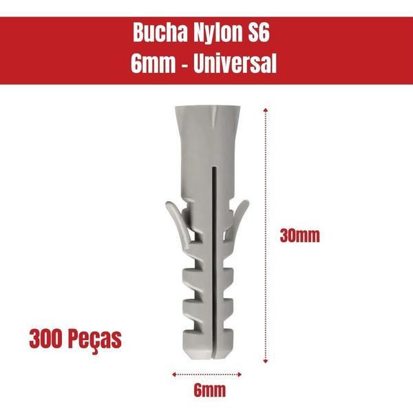 Imagem de Bucha Nylon S6 Kit 300 Unidades Concreto E Alvenaria