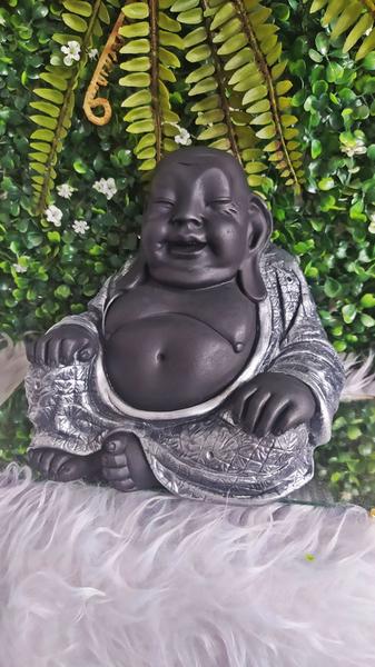 Imagem de Buda Chinês Sorridente Preto Fosco Fortuna Riqueza Decoração 15 CM