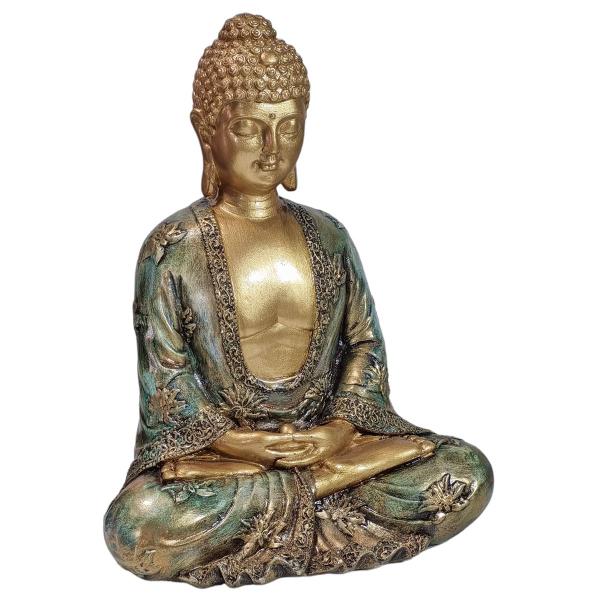 Imagem de Buda Hindu Tibetano Estátua Decorativa Verde C/ Dourado 22cm