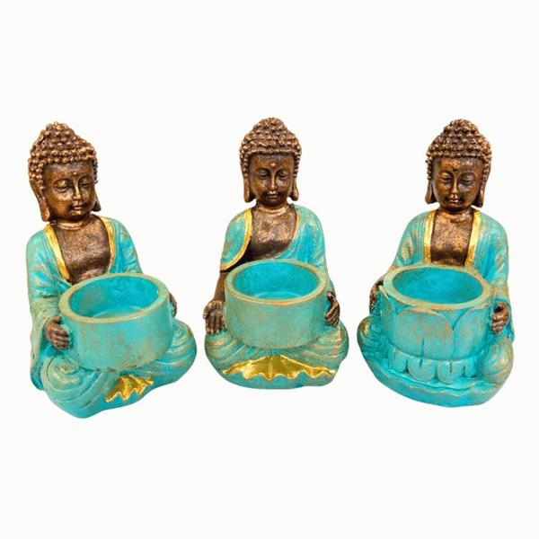 Imagem de Buda Tibetano 14cm Dourado/Azul C/Porta Vela - Conjunto 3pç