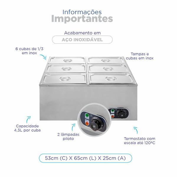 Imagem de Buffeteira retangular 6 Cubas 1/3 Aço Inox Zepper ZPBF06 1/3