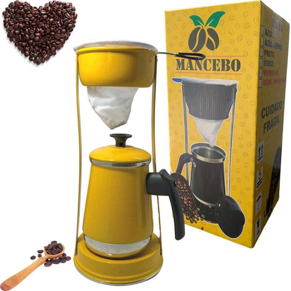 Imagem de Bule Com Mancebo Suporte Coador De Café colorido Retro em Alumínio Mariquinha Cafeteira Com Caixa