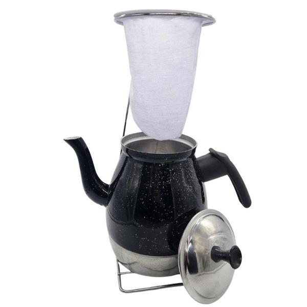 Imagem de Bule de Café em Alumínio N8 Preto 1,5 L   Suporte e Coador de Pano - Aluminio AMJ