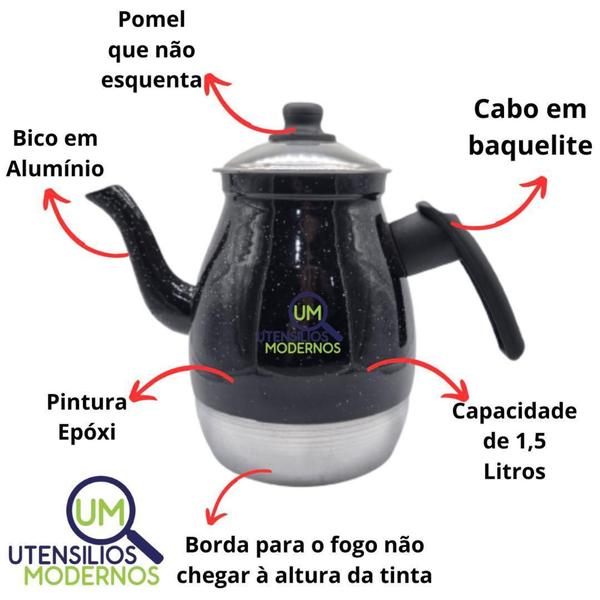 Imagem de Bule de Café em Alumínio N8 Preto 1,5 L   Suporte e Coador de Pano - Aluminio AMJ