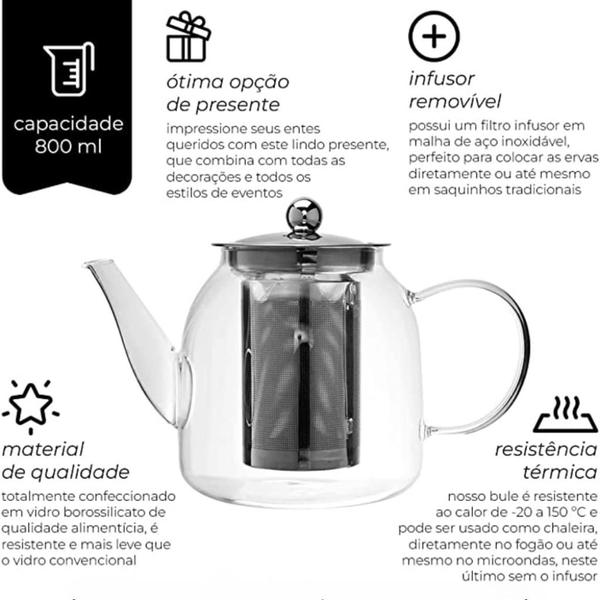 Imagem de Bule Para Chá Em Vidro Borossilicato Com Infusor 800ml Mimo Style