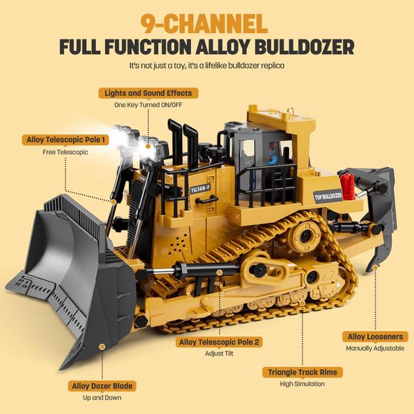 Imagem de Bulldozer RC KIDMARKT de metal de 9 canais com luzes e som 3+