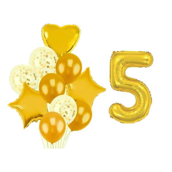 Imagem de Buque 10 Balões Coração Estrela -1 Número Metalizado Dourado