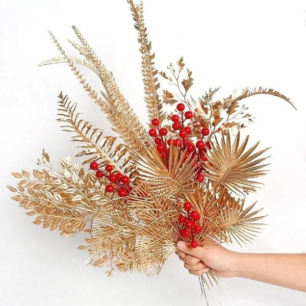 Imagem de Buquê De Flores Artificiais Douradas Para Decoração De Casa, Natal, Festa De Ano Novo, Ornamentos De