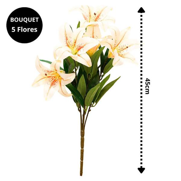 Imagem de Buquê Lírio Branco Realista 5 Flores e Folhagens 45cm - Vivaflor Decor