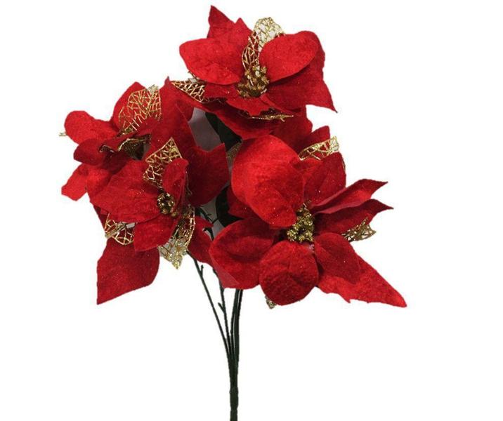 Imagem de Buquê Natal Bico de Papagaio Vermelho Camurça e Dourado 5 Flores 47cm - Master Christmas