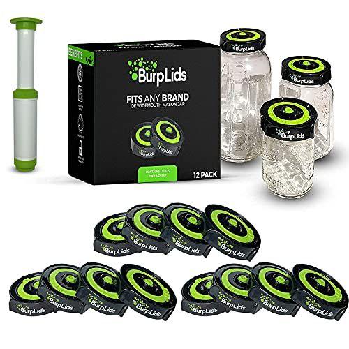 Imagem de Burp Lids 12 Pack Kit de Cura - Fits All Wide Mouth Mason Jar Jar Containers - A Home Harvesting Essential. 12 tampas + bomba de extração. Selado a vácuo para uma cura bem-sucedida.