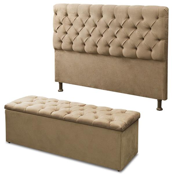 Imagem de Cabeceira 137cm altura Mais Calçadeira Baú Casal Queen 160cm Para Cama Box Sofia Suede Bege - DS Móveis