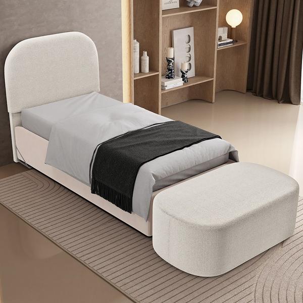 Imagem de Cabeceira Cama Box 100cm Lanna com Puff Recamier Doha W01 Bouclê Creme - Lyam Decor