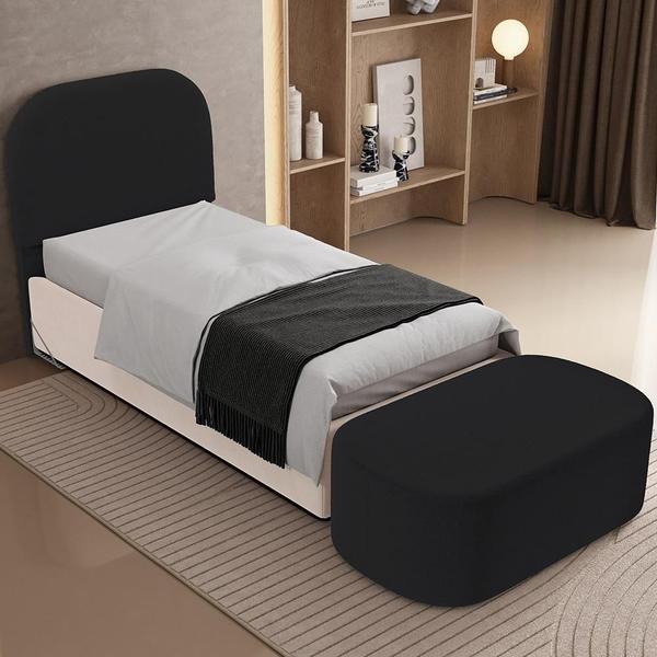 Imagem de Cabeceira Cama Box 100cm Lanna com Puff Recamier Doha W01 Bouclê Preto - Lyam Decor