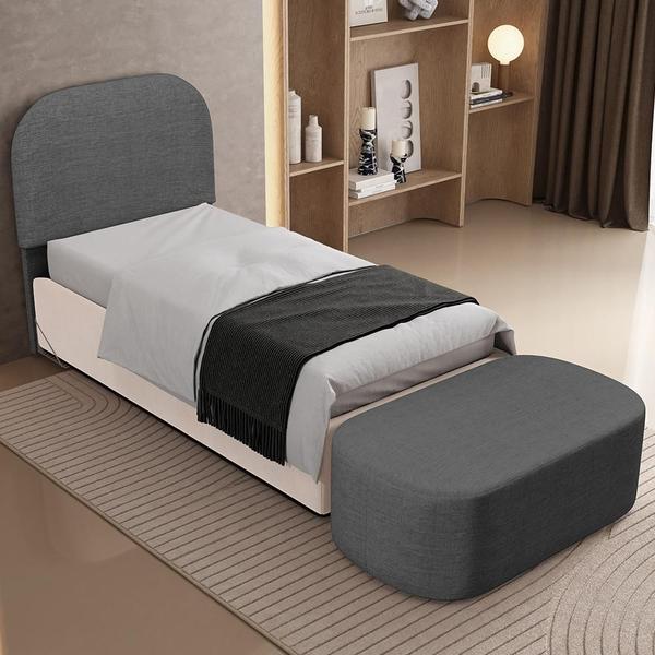 Imagem de Cabeceira Cama Box 100cm Lanna com Puff Recamier Doha W01 Linho Cinza Escuro - Lyam Decor