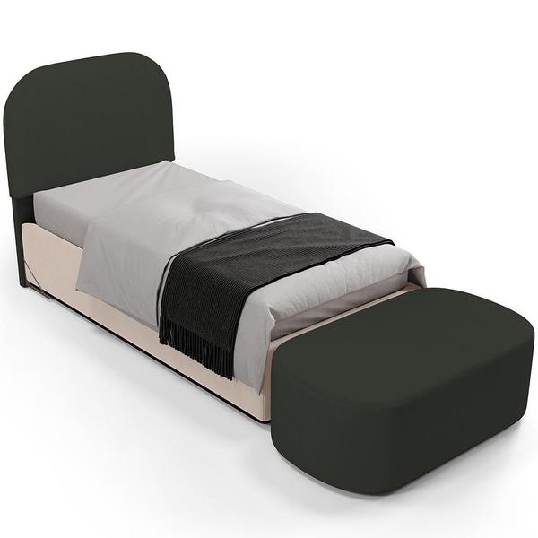 Imagem de Cabeceira Cama Box 100cm Lanna com Puff Recamier Doha W01 Linho Verde Musgo - Lyam Decor