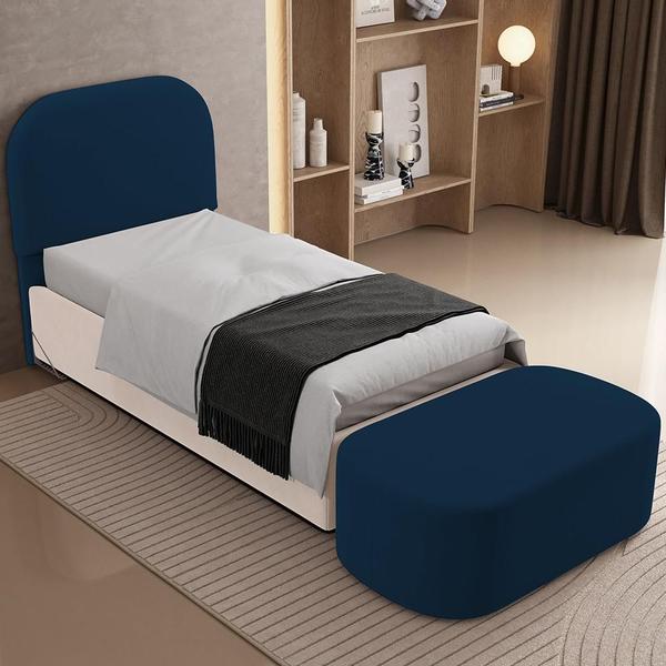 Imagem de Cabeceira Cama Box 100cm Lanna com Puff Recamier Doha W01 Suede Azul Marinho - Lyam Decor