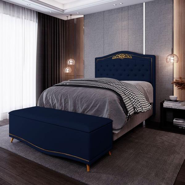 Imagem de Cabeceira Cama Box Casal 140cm Com Calçadeira Baú Imperial Veludo J02 Azul - Mpozenato