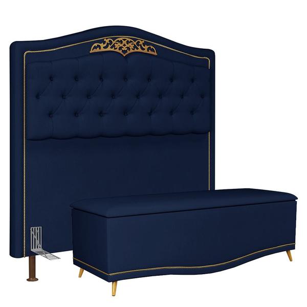 Imagem de Cabeceira Cama Box Casal 140cm Com Calçadeira Baú Imperial Veludo J02 Azul - Mpozenato