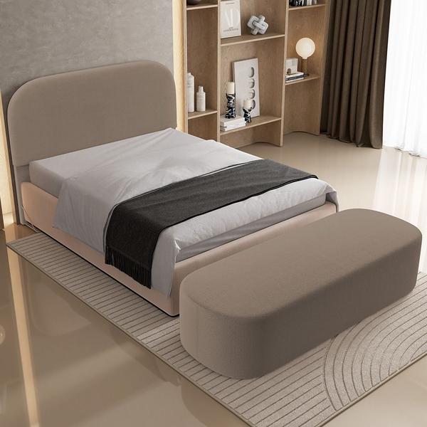 Imagem de Cabeceira Cama Box Casal 140cm Lanna com Puff Recamier Doha W01  Bouclê Bege - Lyam Decor