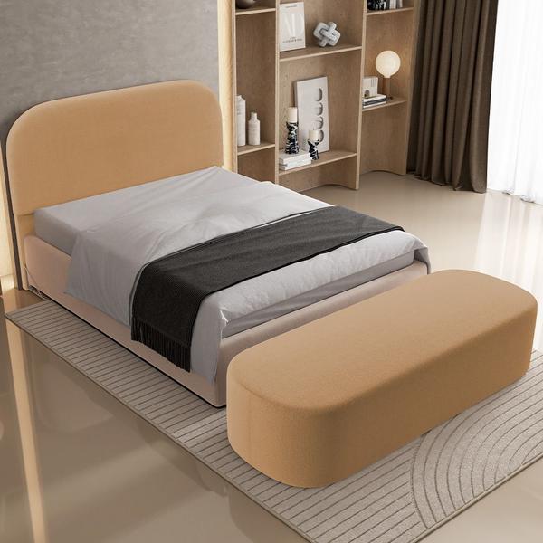 Imagem de Cabeceira Cama Box Casal 140cm Lanna com Puff Recamier Doha W01  Bouclê Mostarda - Lyam Decor